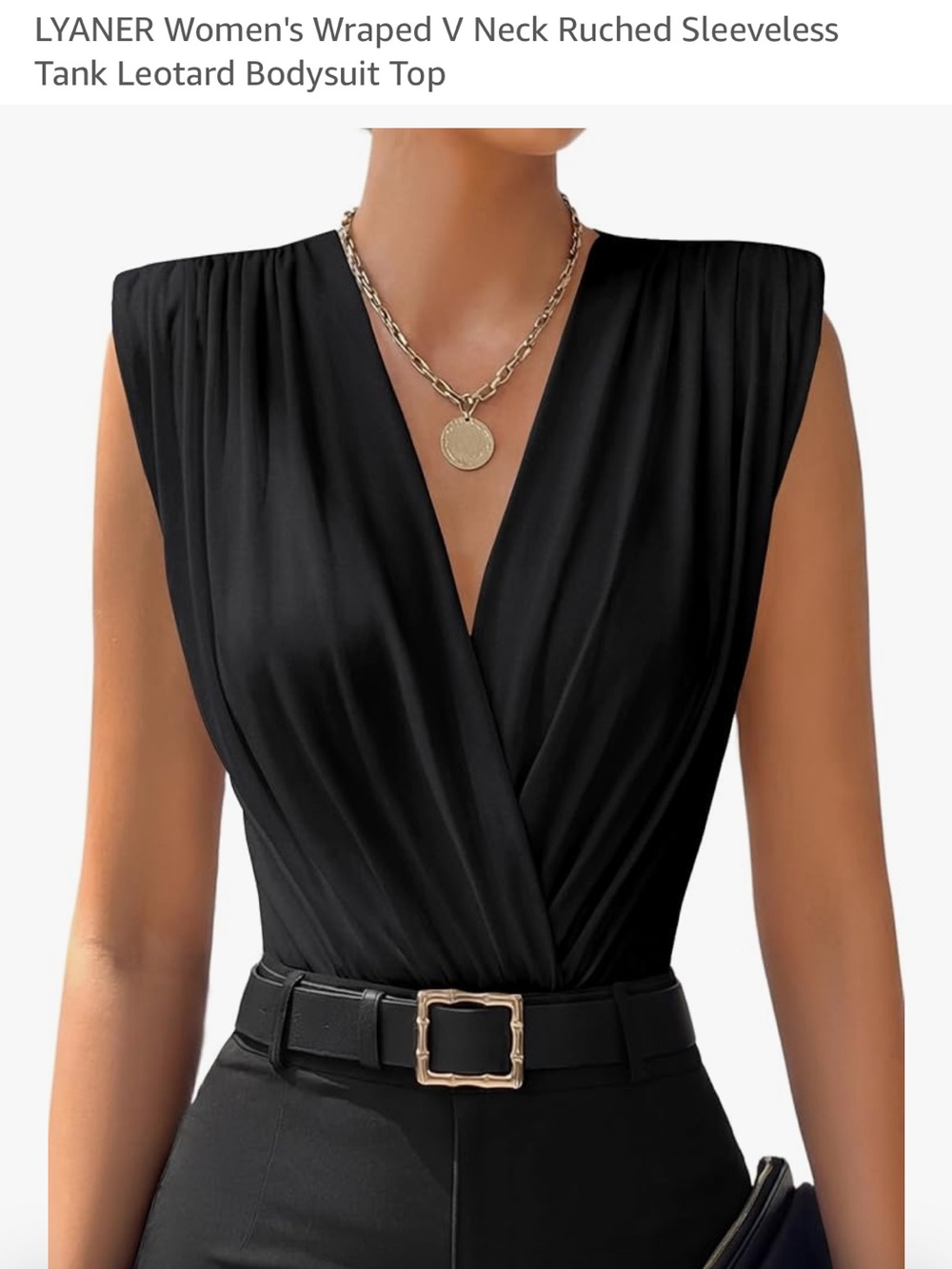 LYANER Black Sleeveless Wrapped V-Neck Ruched Bodysuit
